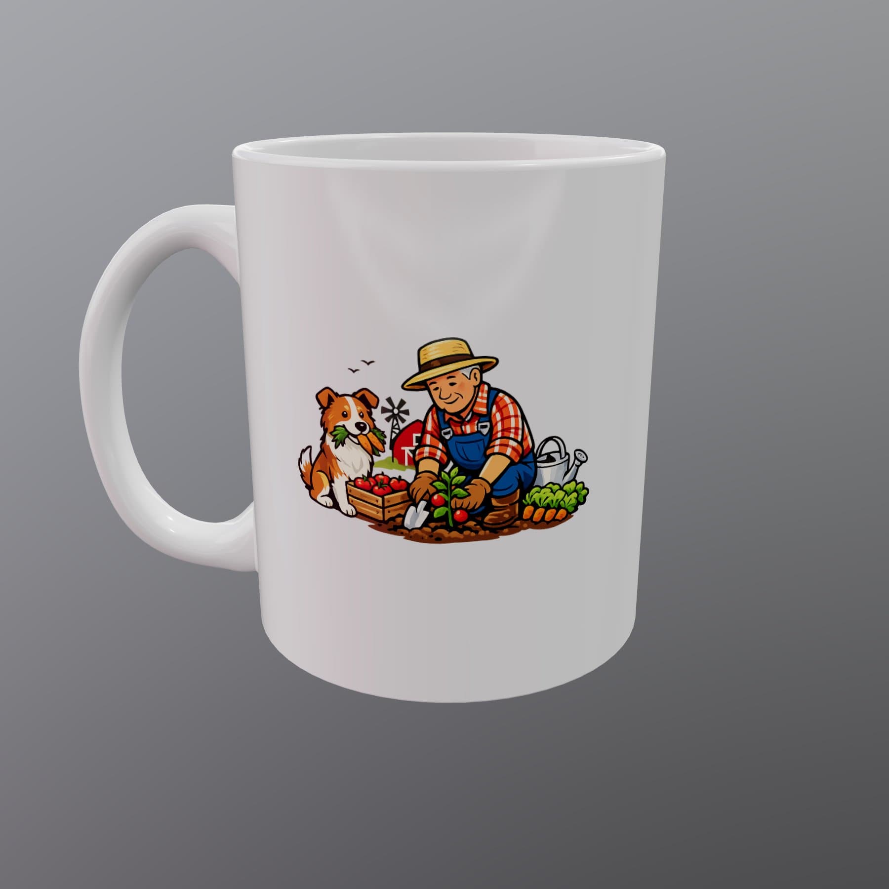 Example custom mug from Mugsly featuring a farm-themed design