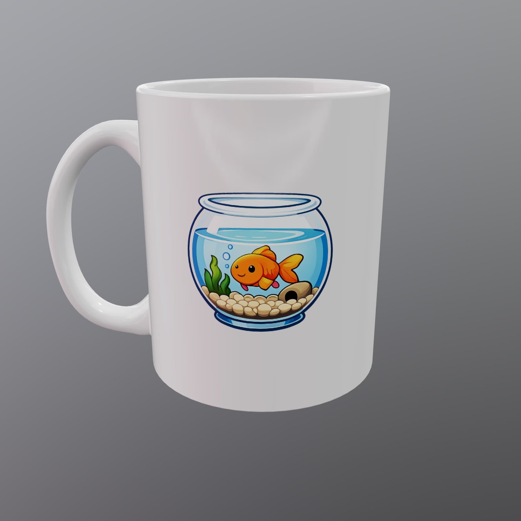 Example custom pet mug design featuring a goldfish in a fishbowl