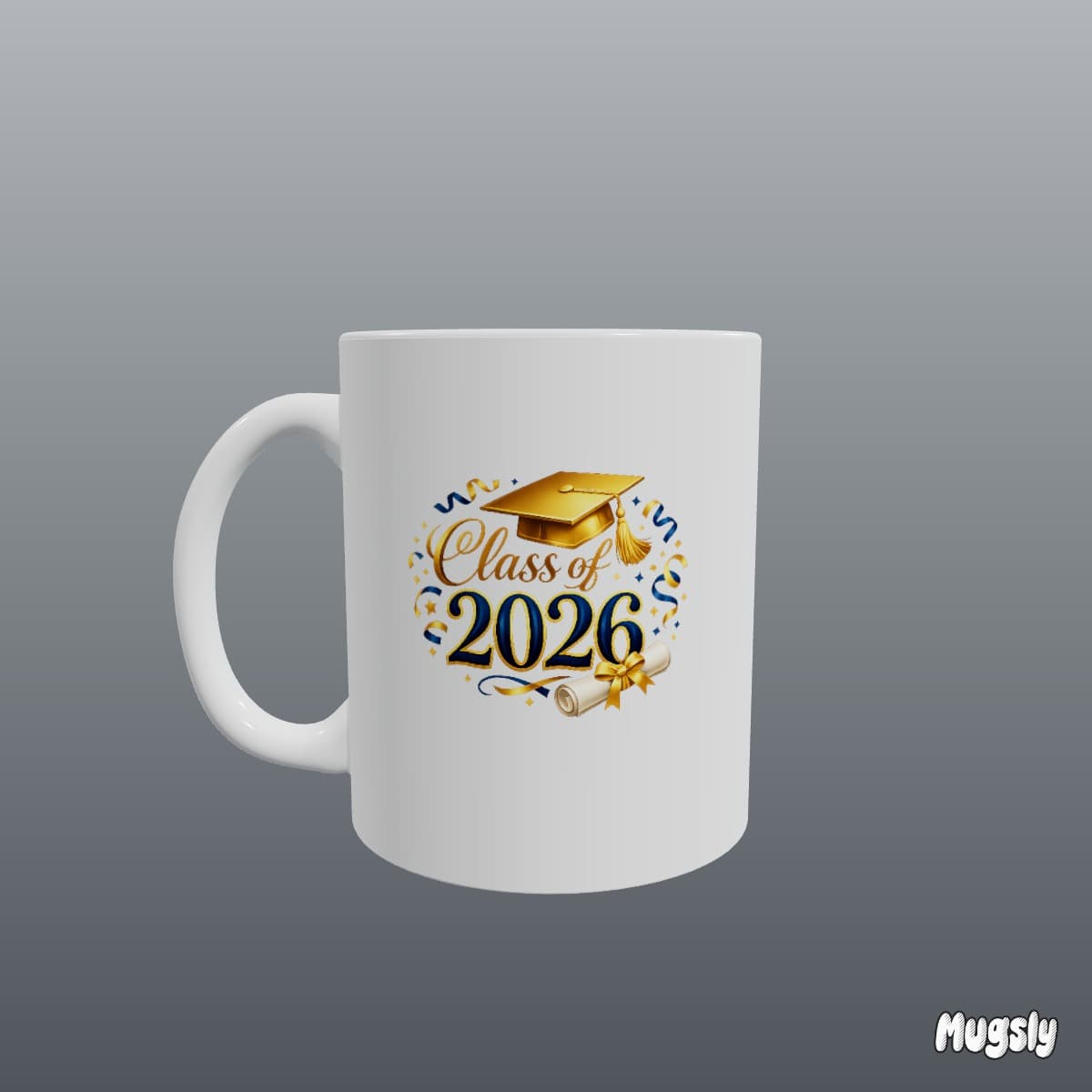 Custom mug celebrating Class of 2026 with gold graduation cap, diploma, and colorful confetti