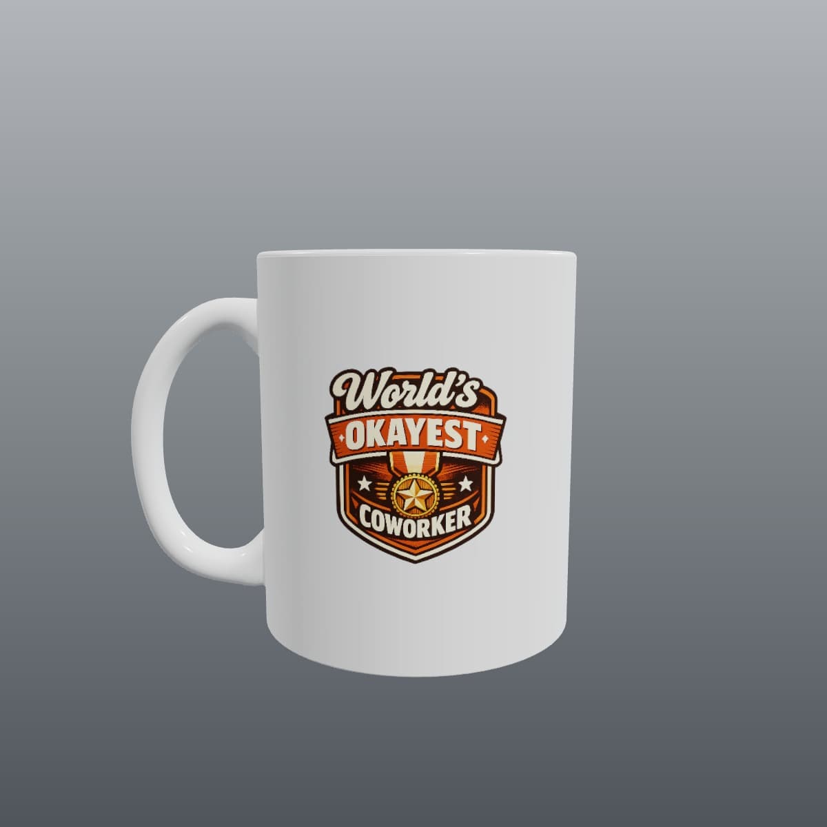 Custom mug reading World's Okayest Coworker with retro badge design